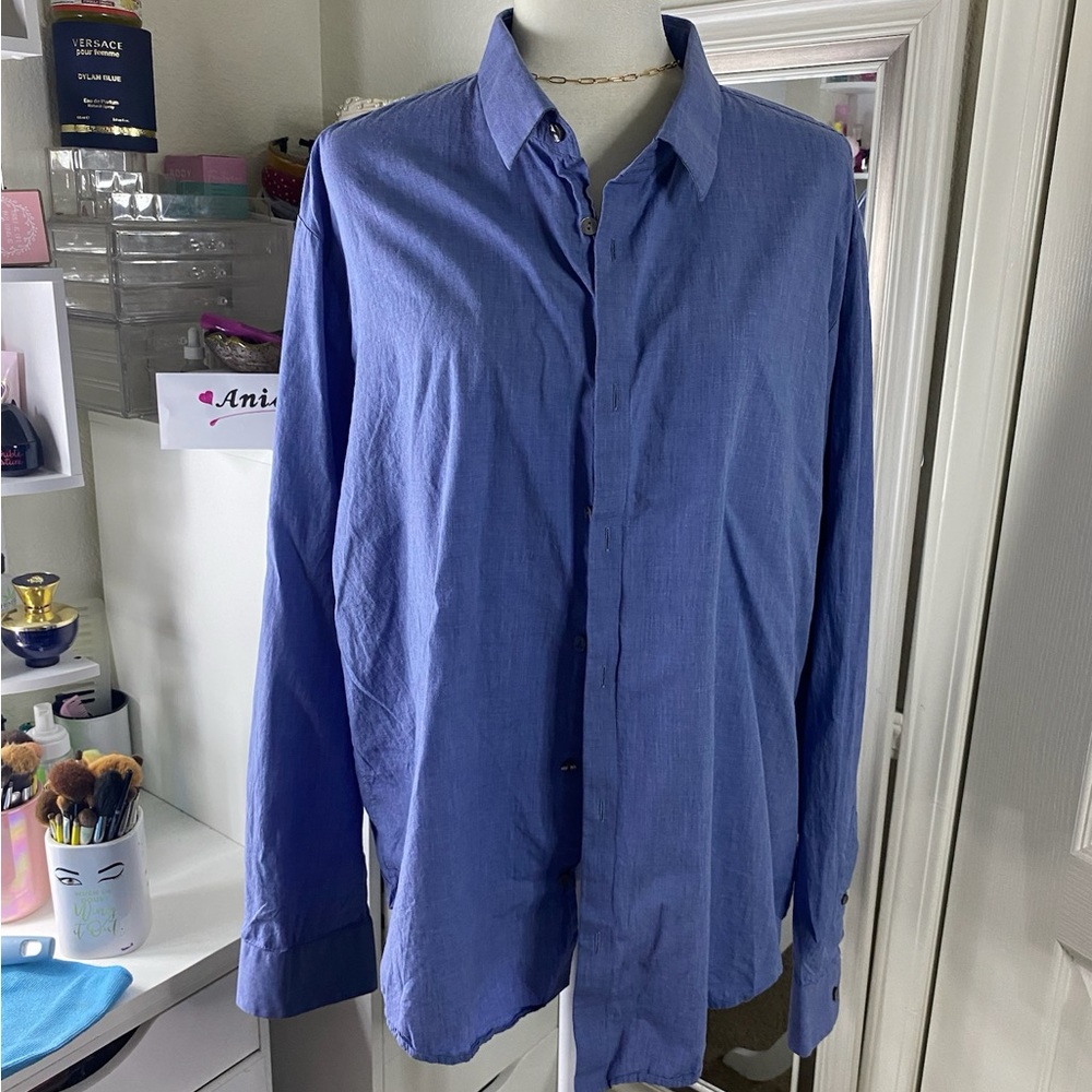 Calvin Klein xxl blue long sleeve button up cotton dress shirt 0447